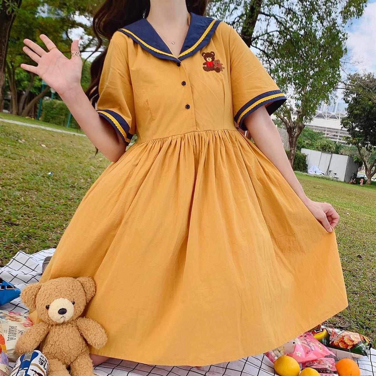 Harajuku Sailor Collar Navy Dress Japanese Lolita Sweet Bow-knot Girl Retro Cotton Kawaii Preppy Style Short Sleeve Dress Women