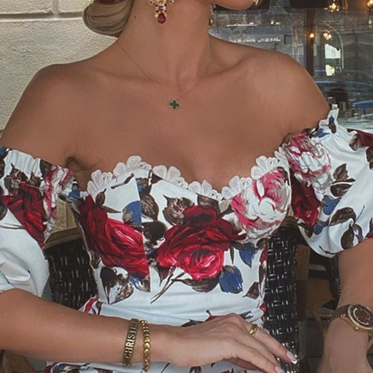Women Short Sleeve Floral Print Lace Trim Midi Dress Bodycon Sexy Party Dress