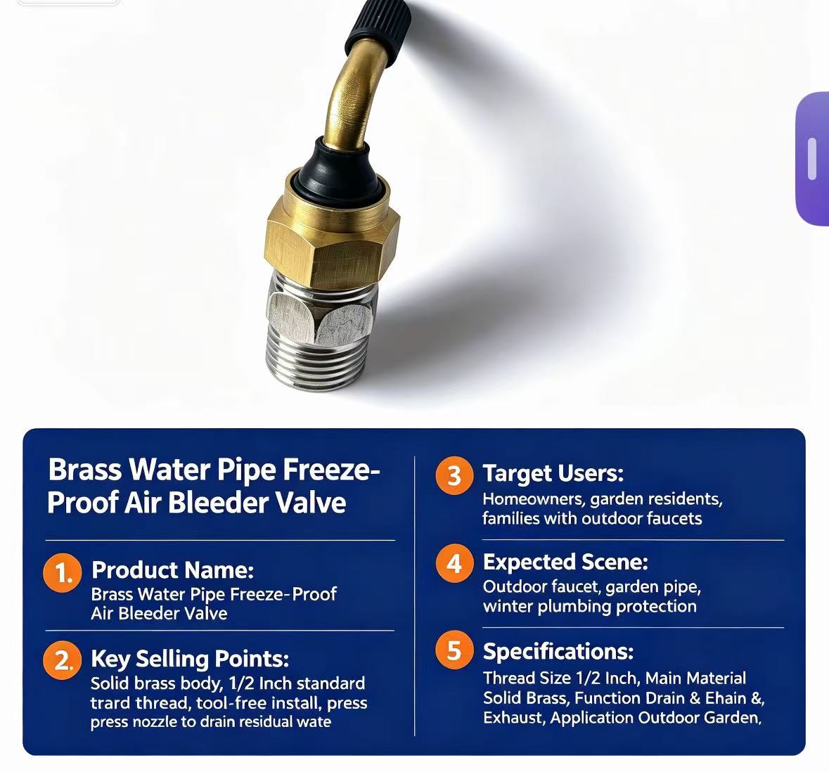 Winter Brass Anti‑Freeze Air Bleeder Valve, 1/2 Inch Thread, for Outdoor Faucets and Garden Pipes