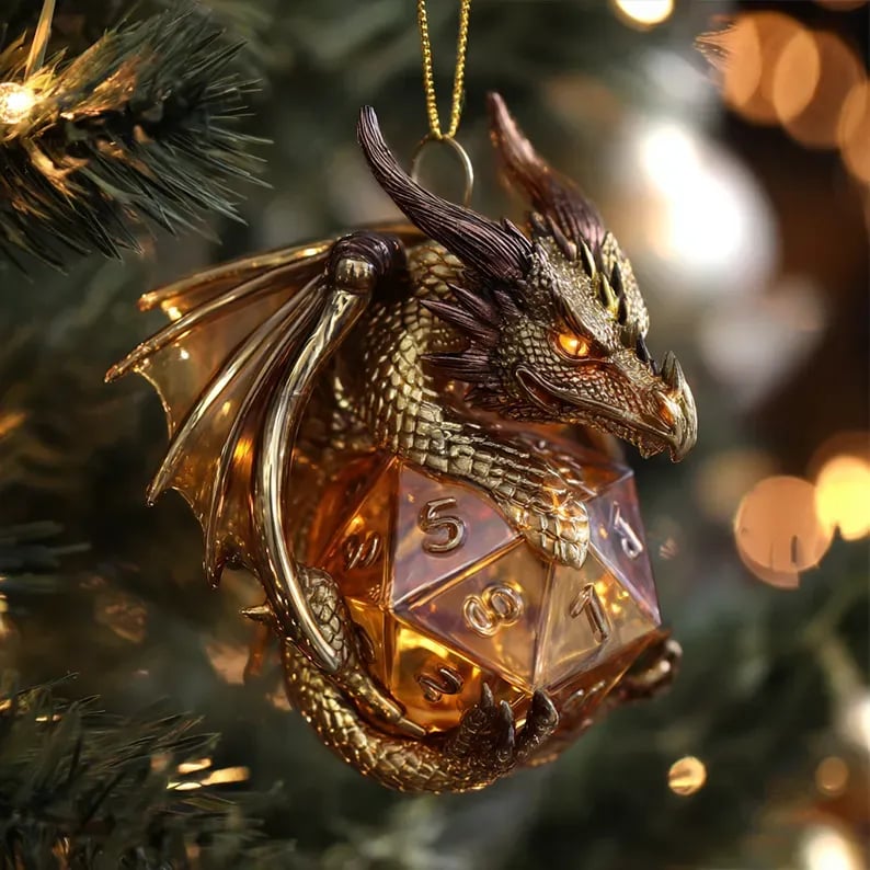 Dragon & D20 Crystal Dice Ornament — 4" Hand-detailed Fantasy Christmas Decoration