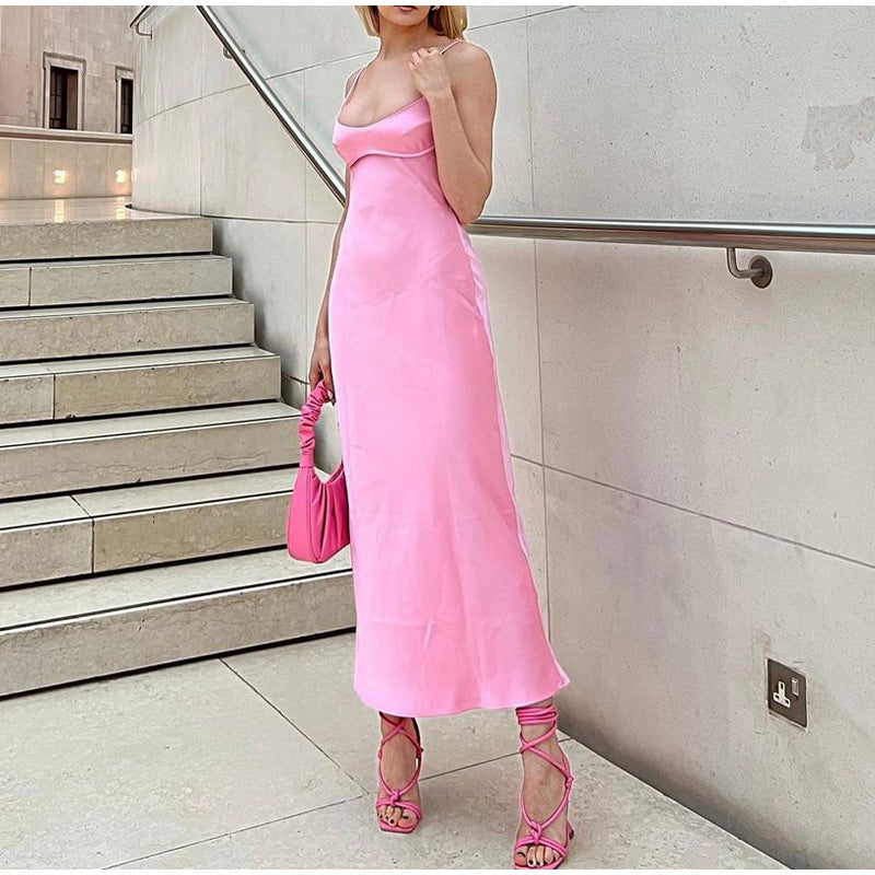 Pink Camis Long Dresses Women Satin Cut Out Sleeveless Slip Dress Female Backless Sexy Party Dresses Summer Slit Midi Dress