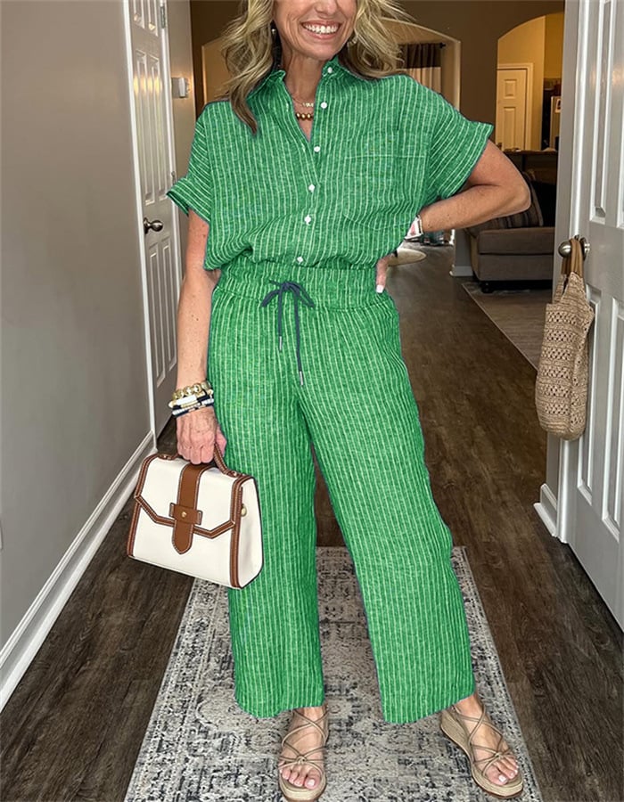 NEW💥 Classic striped linen cotton shirt set with pockets