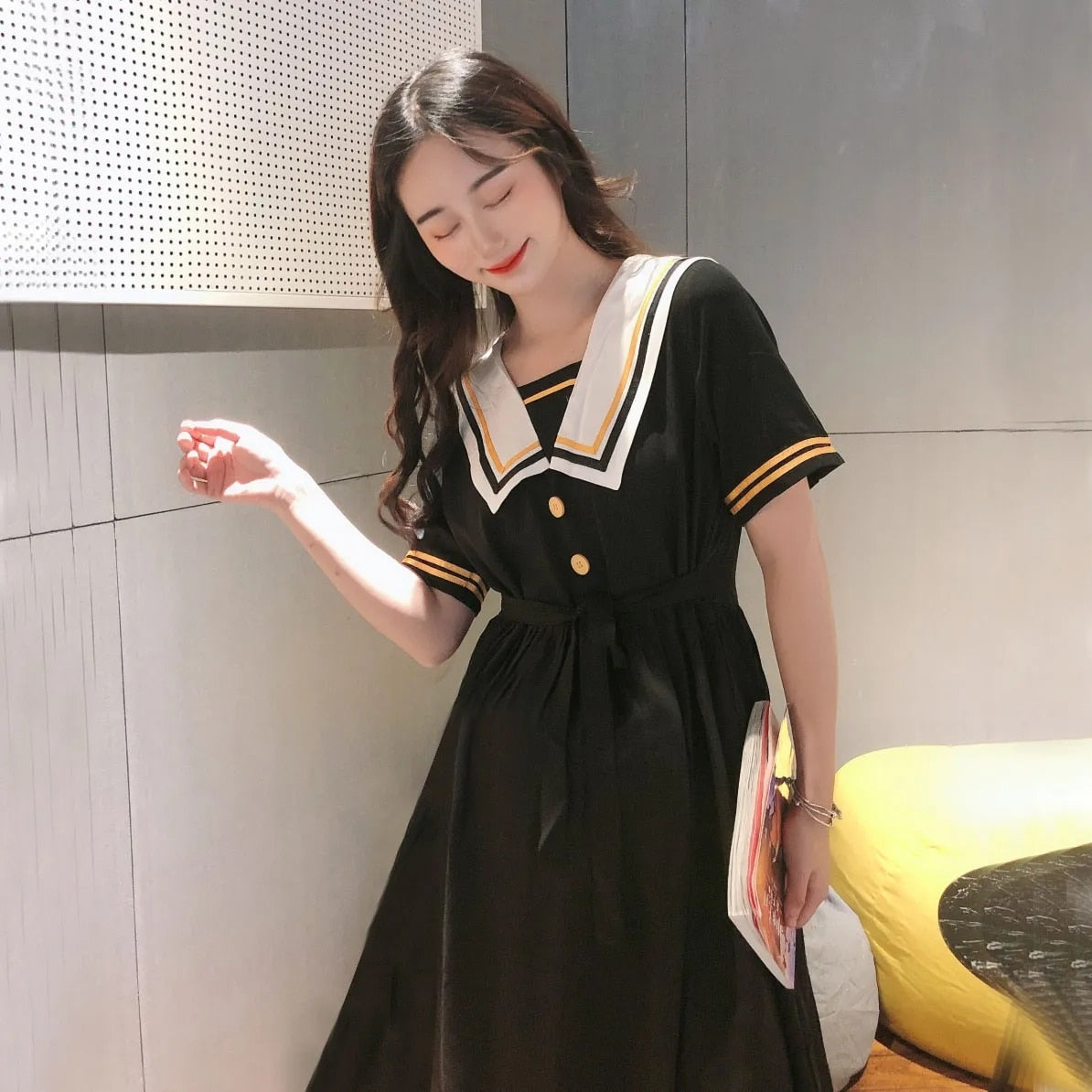 Harajuku Sailor Collar Navy Dress Japanese Lolita Sweet Bow-knot Girl Retro Cotton Kawaii Preppy Style Short Sleeve Dress Women