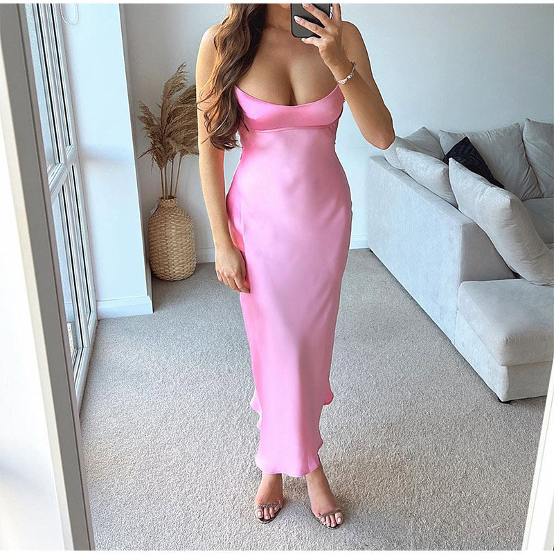 Pink Camis Long Dresses Women Satin Cut Out Sleeveless Slip Dress Female Backless Sexy Party Dresses Summer Slit Midi Dress