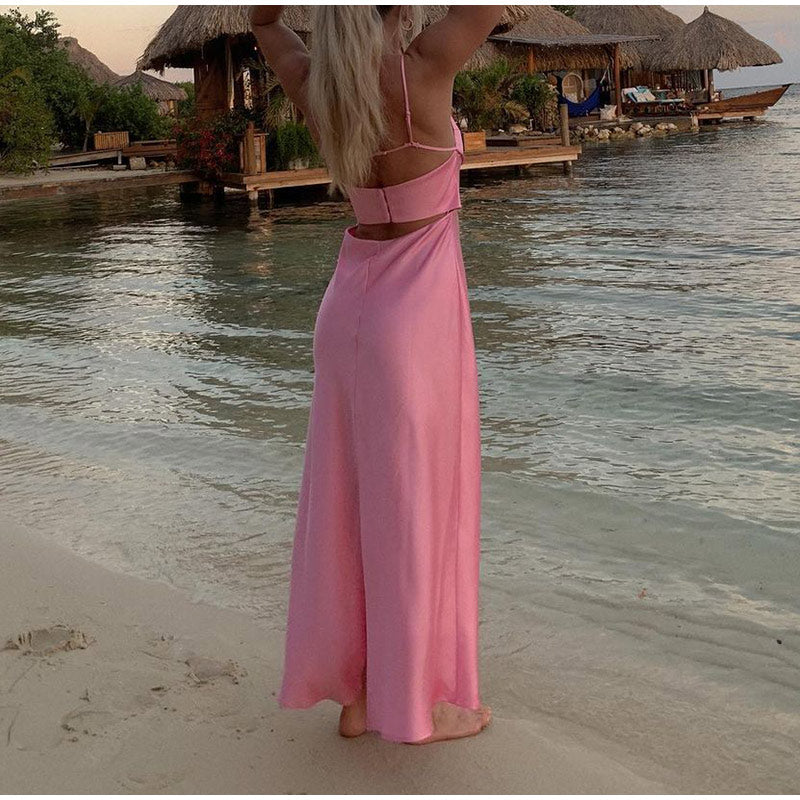 Pink Camis Long Dresses Women Satin Cut Out Sleeveless Slip Dress Female Backless Sexy Party Dresses Summer Slit Midi Dress