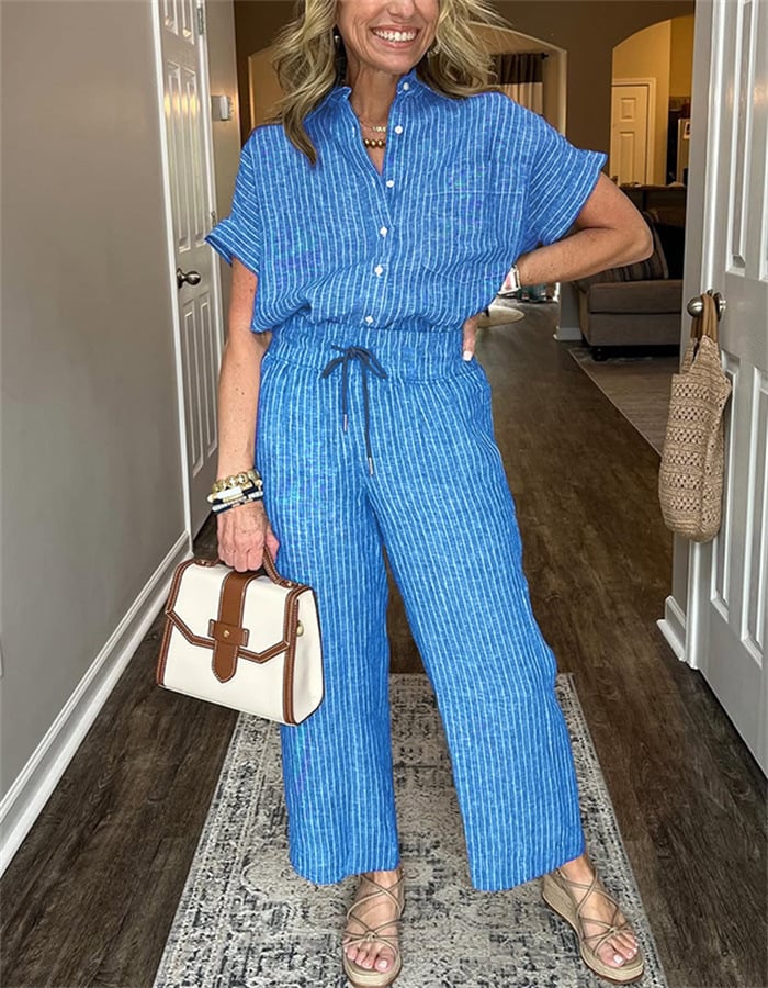 NEW💥 Classic striped linen cotton shirt set with pockets
