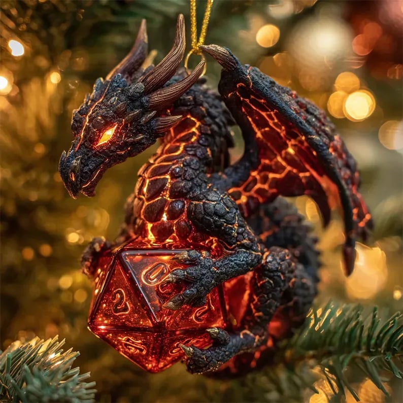 Dragon & D20 Crystal Dice Ornament — 4" Hand-detailed Fantasy Christmas Decoration