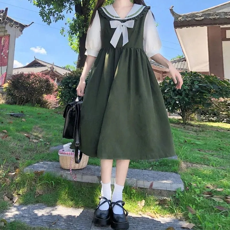 Harajuku Sailor Collar Navy Dress Japanese Lolita Sweet Bow-knot Girl Retro Cotton Kawaii Preppy Style Short Sleeve Dress Women