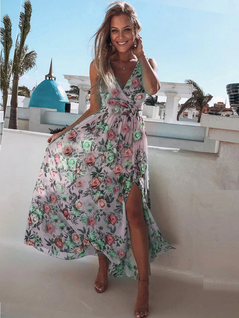 Summer Chiffon Long Dress Women Elegant Ladies Fashion Print Boho Beach Midi Dresses For Woman Sexy Split Maxi Vestidos