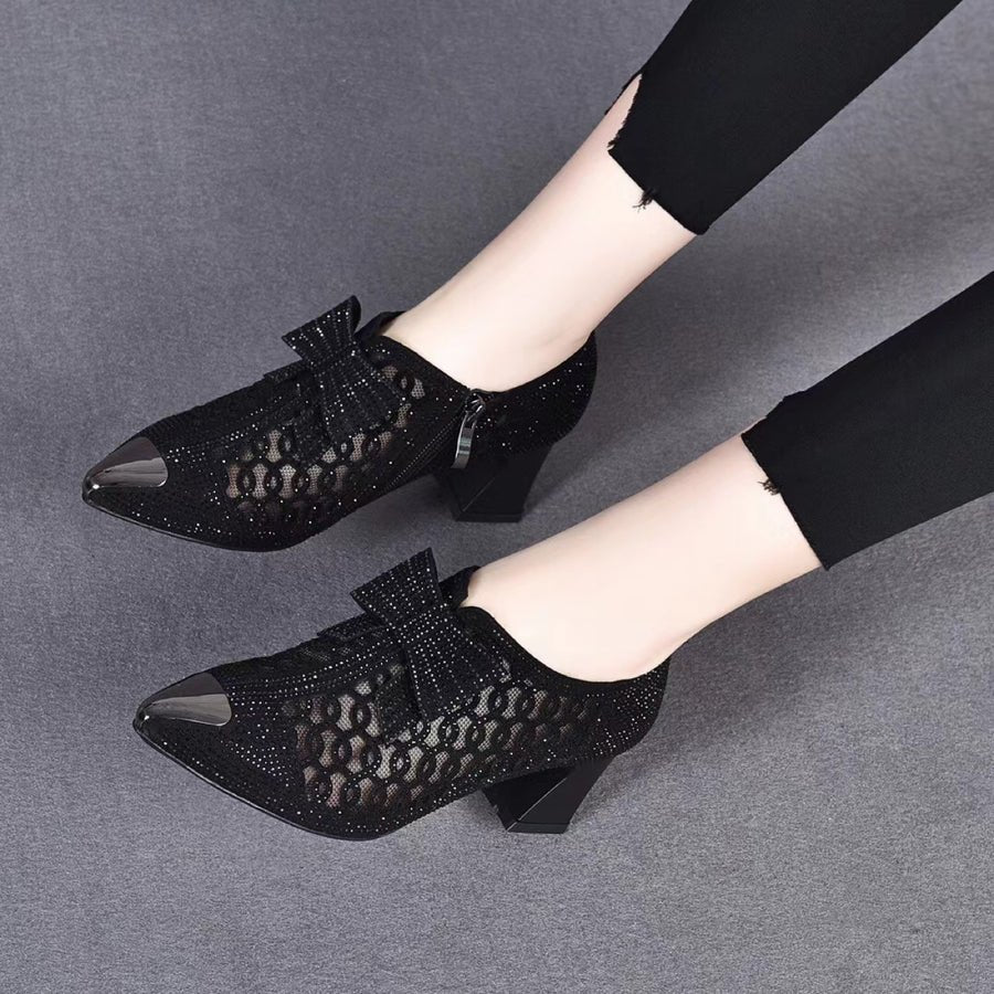 2026 summer casual  Rhinestone hollow chunky heel shoes and new belt buckle solid color plus size women's sandals