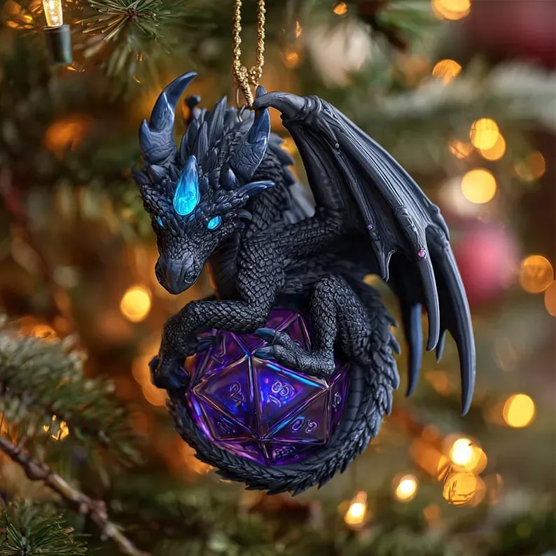 Dragon & D20 Crystal Dice Ornament — 4" Hand-detailed Fantasy Christmas Decoration