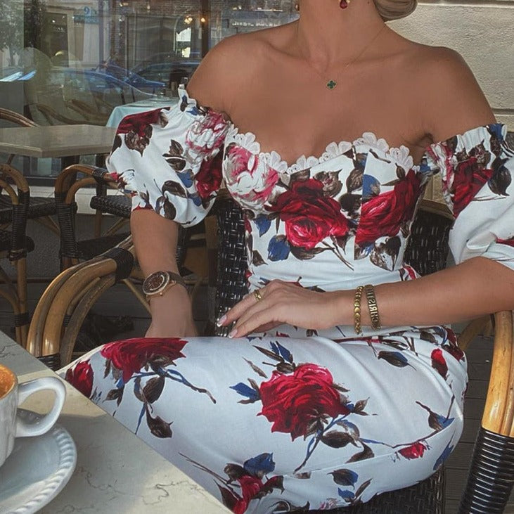Women Short Sleeve Floral Print Lace Trim Midi Dress Bodycon Sexy Party Dress