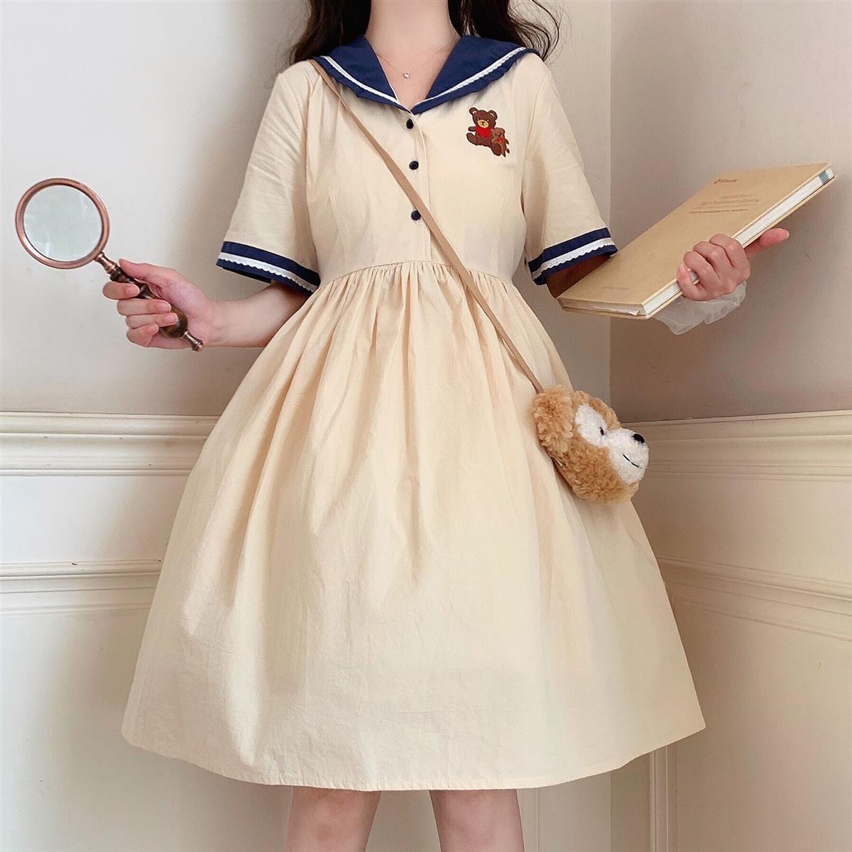 Harajuku Sailor Collar Navy Dress Japanese Lolita Sweet Bow-knot Girl Retro Cotton Kawaii Preppy Style Short Sleeve Dress Women