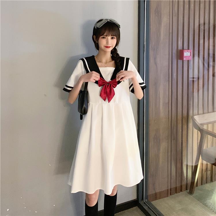 Harajuku Sailor Collar Navy Dress Japanese Lolita Sweet Bow-knot Girl Retro Cotton Kawaii Preppy Style Short Sleeve Dress Women