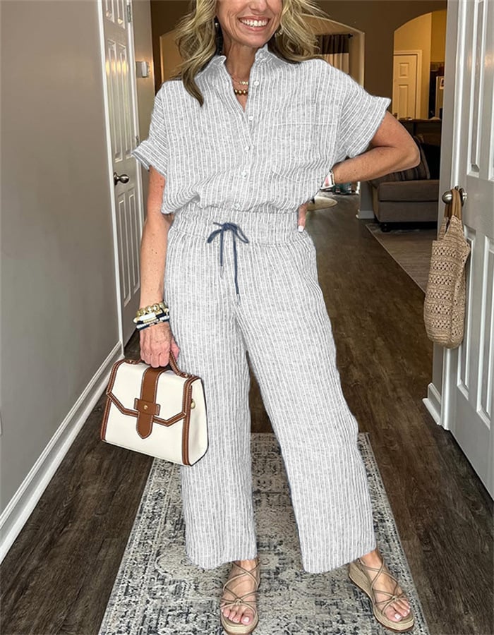 NEW💥 Classic striped linen cotton shirt set with pockets