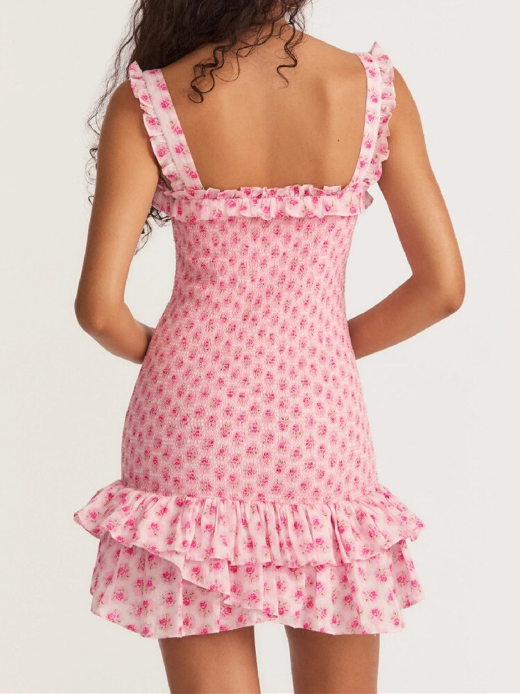 High Quality 2023 Holiday Summer Strap Sleeveless Elegant Women Ruffled A-line Mini Dress