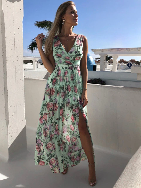 Summer Chiffon Long Dress Women Elegant Ladies Fashion Print Boho Beach Midi Dresses For Woman Sexy Split Maxi Vestidos
