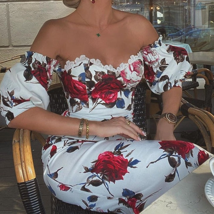 Women Short Sleeve Floral Print Lace Trim Midi Dress Bodycon Sexy Party Dress
