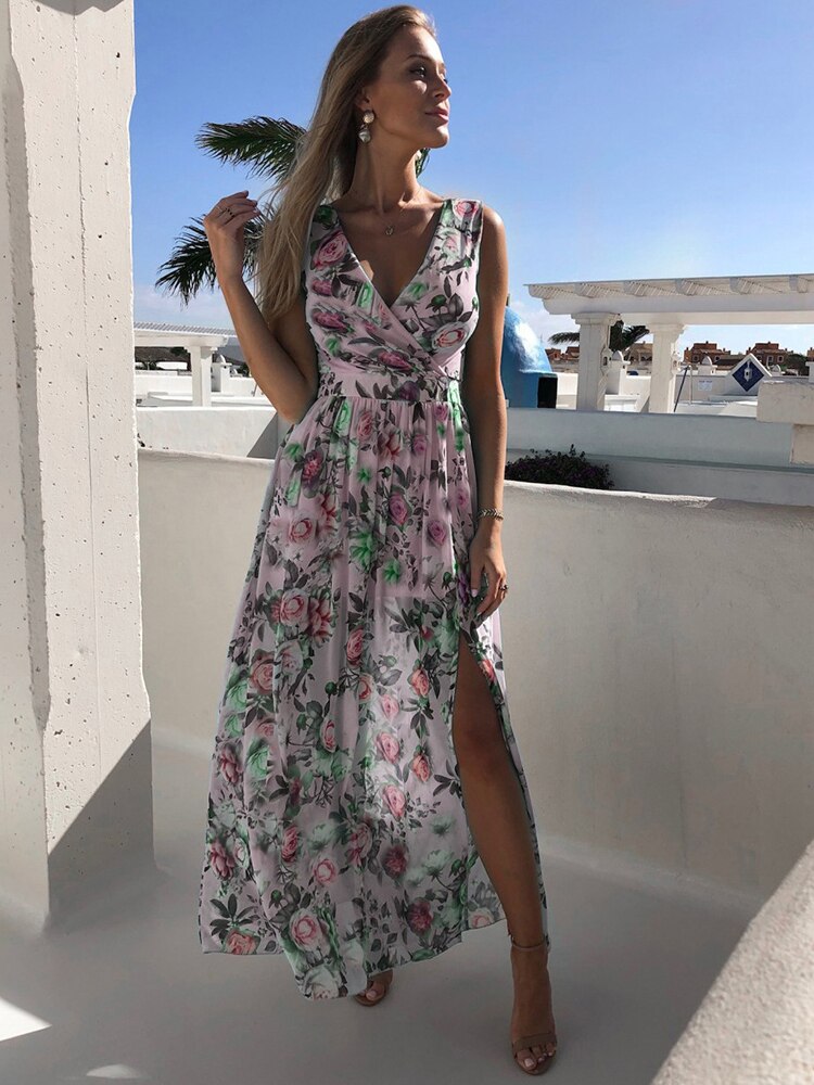Summer Chiffon Long Dress Women Elegant Ladies Fashion Print Boho Beach Midi Dresses For Woman Sexy Split Maxi Vestidos