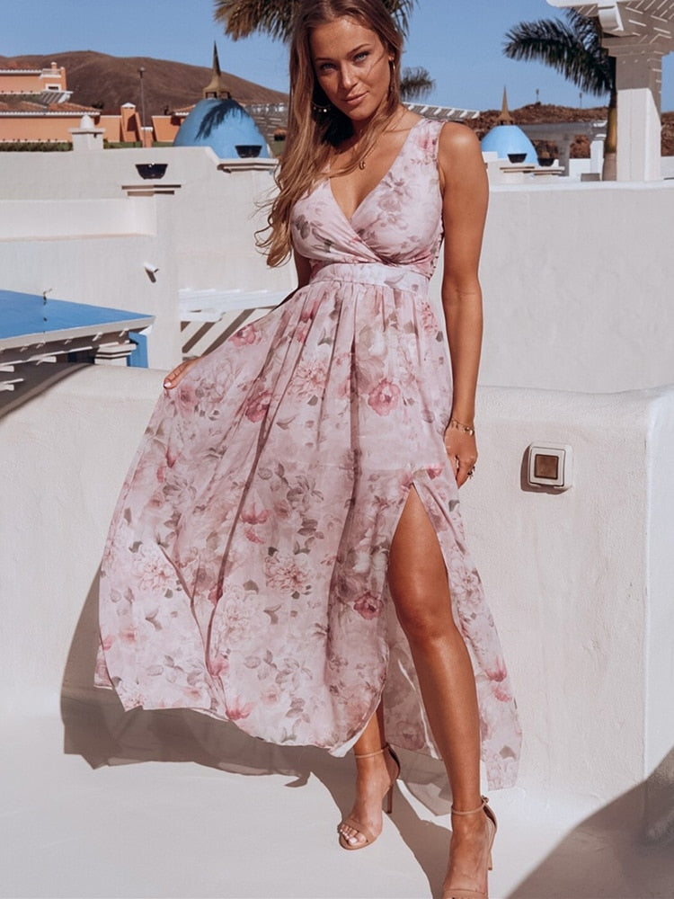 Summer Chiffon Long Dress Women Elegant Ladies Fashion Print Boho Beach Midi Dresses For Woman Sexy Split Maxi Vestidos