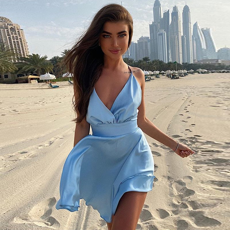 Satin Sexy Backless Sleeveless Party Night Club Wrap Mini Dresses Spaghetti Straps Elegant Dress Solid Vestidos