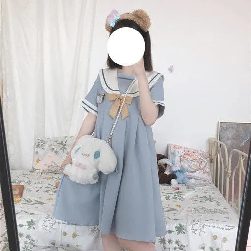 Harajuku Sailor Collar Navy Dress Japanese Lolita Sweet Bow-knot Girl Retro Cotton Kawaii Preppy Style Short Sleeve Dress Women