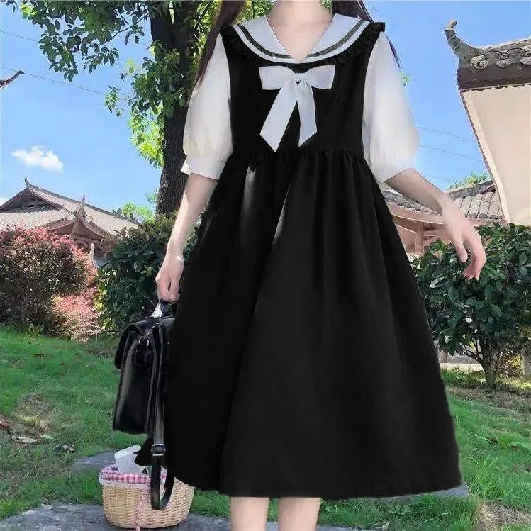 Harajuku Sailor Collar Navy Dress Japanese Lolita Sweet Bow-knot Girl Retro Cotton Kawaii Preppy Style Short Sleeve Dress Women