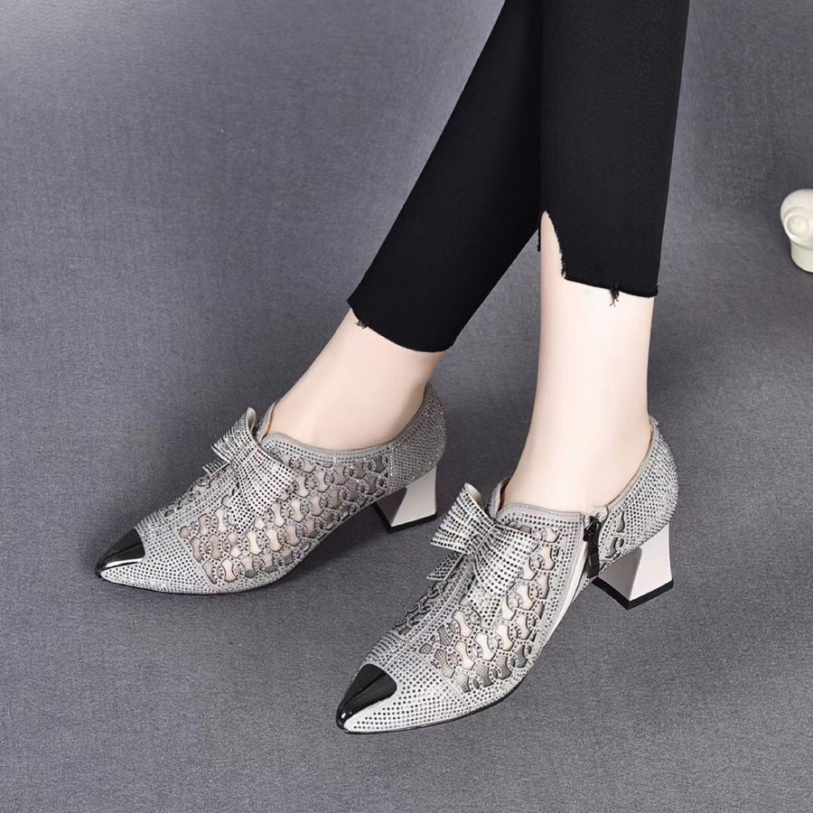 2026 summer casual  Rhinestone hollow chunky heel shoes and new belt buckle solid color plus size women's sandals