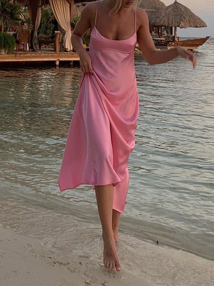 Pink Camis Long Dresses Women Satin Cut Out Sleeveless Slip Dress Female Backless Sexy Party Dresses Summer Slit Midi Dress