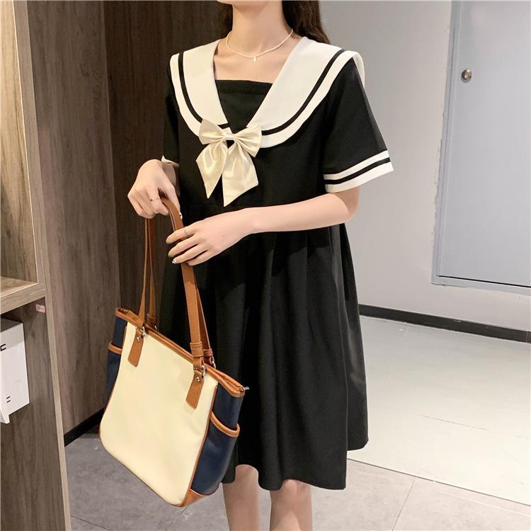 Harajuku Sailor Collar Navy Dress Japanese Lolita Sweet Bow-knot Girl Retro Cotton Kawaii Preppy Style Short Sleeve Dress Women