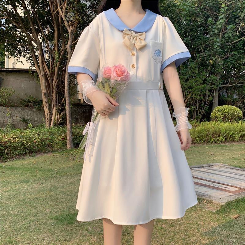 Harajuku Sailor Collar Navy Dress Japanese Lolita Sweet Bow-knot Girl Retro Cotton Kawaii Preppy Style Short Sleeve Dress Women