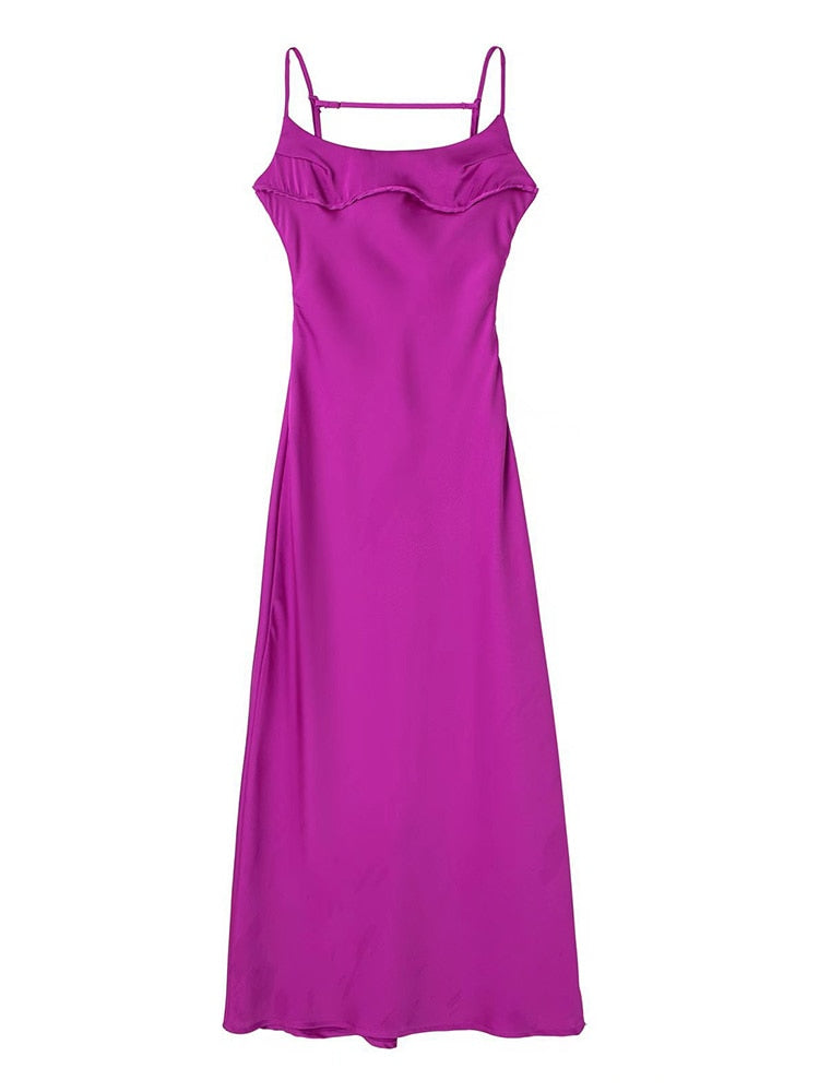 Pink Camis Long Dresses Women Satin Cut Out Sleeveless Slip Dress Female Backless Sexy Party Dresses Summer Slit Midi Dress