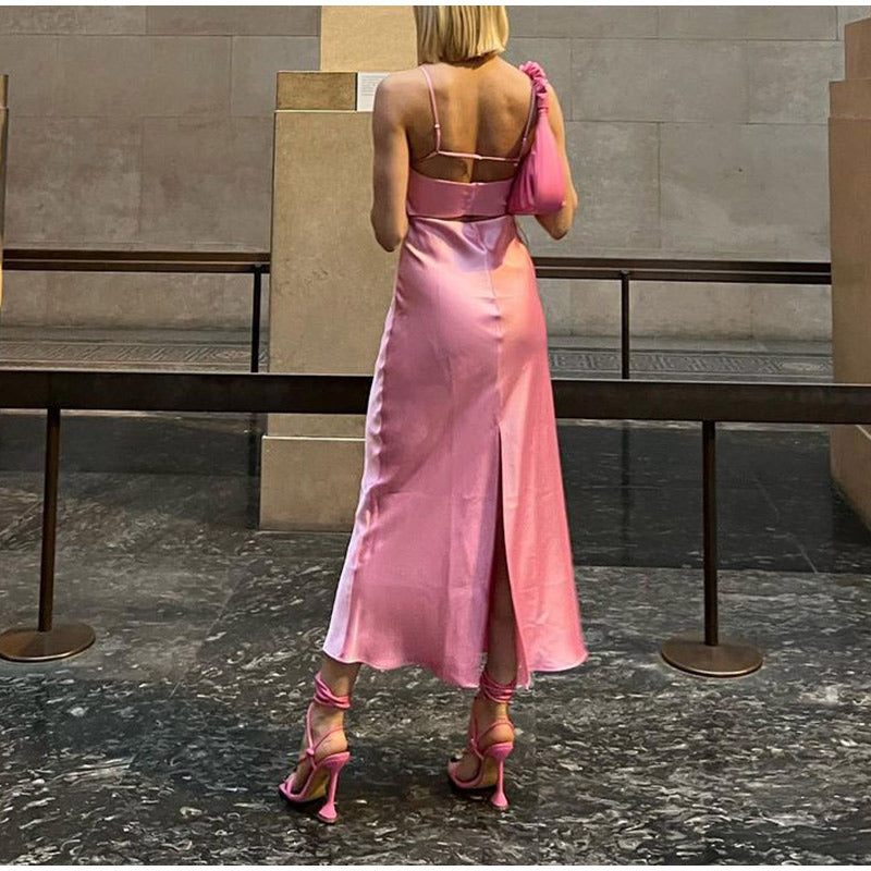 Pink Camis Long Dresses Women Satin Cut Out Sleeveless Slip Dress Female Backless Sexy Party Dresses Summer Slit Midi Dress
