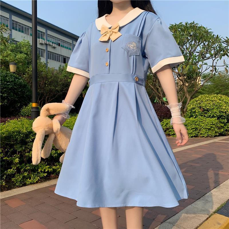 Harajuku Sailor Collar Navy Dress Japanese Lolita Sweet Bow-knot Girl Retro Cotton Kawaii Preppy Style Short Sleeve Dress Women