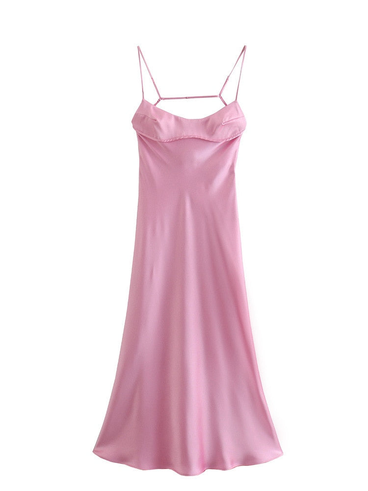 Pink Camis Long Dresses Women Satin Cut Out Sleeveless Slip Dress Female Backless Sexy Party Dresses Summer Slit Midi Dress