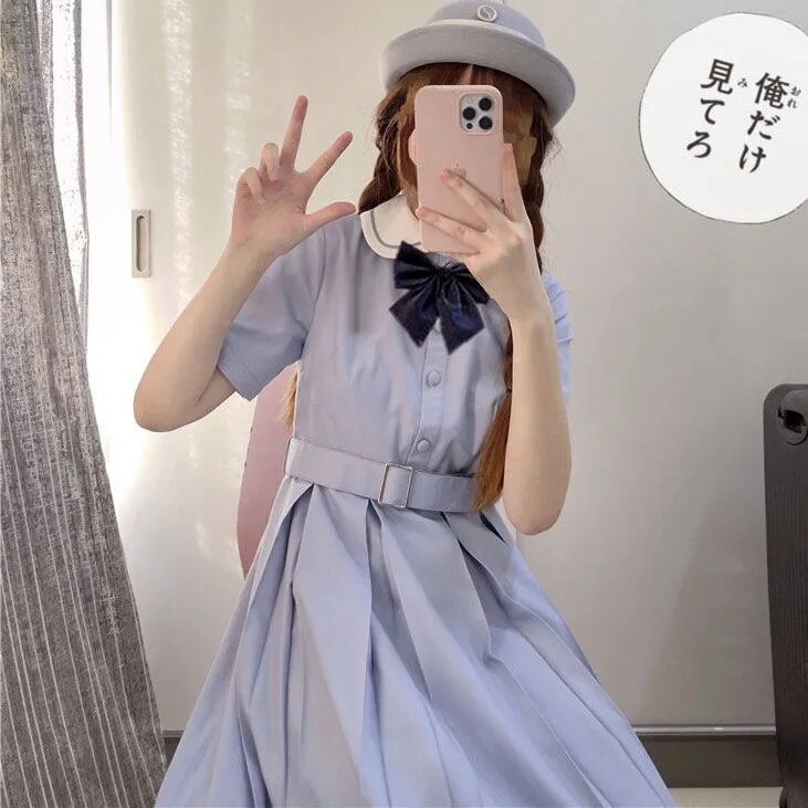 Harajuku Sailor Collar Navy Dress Japanese Lolita Sweet Bow-knot Girl Retro Cotton Kawaii Preppy Style Short Sleeve Dress Women