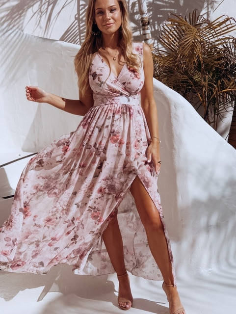 Summer Chiffon Long Dress Women Elegant Ladies Fashion Print Boho Beach Midi Dresses For Woman Sexy Split Maxi Vestidos