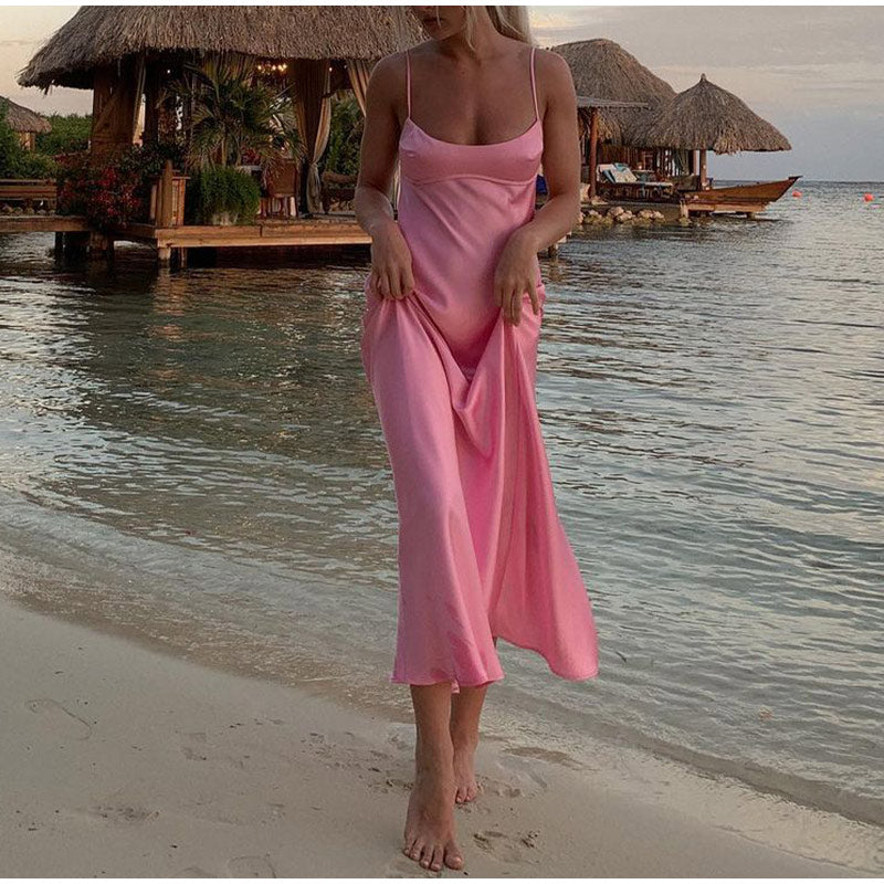 Pink Camis Long Dresses Women Satin Cut Out Sleeveless Slip Dress Female Backless Sexy Party Dresses Summer Slit Midi Dress