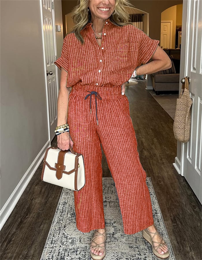 NEW💥 Classic striped linen cotton shirt set with pockets