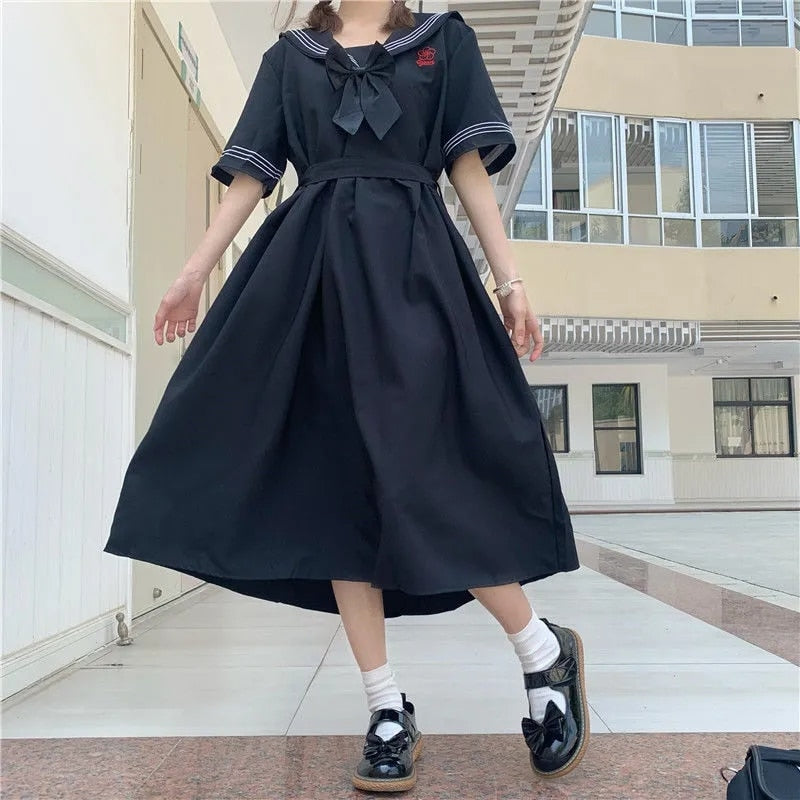 Harajuku Sailor Collar Navy Dress Japanese Lolita Sweet Bow-knot Girl Retro Cotton Kawaii Preppy Style Short Sleeve Dress Women