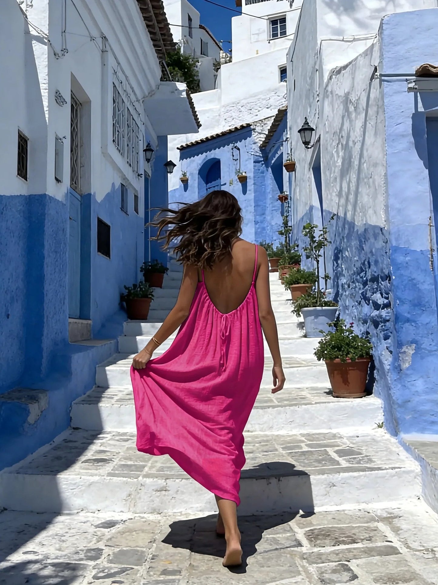 Women's Solid-Color Backless Spaghetti-Strap Dress