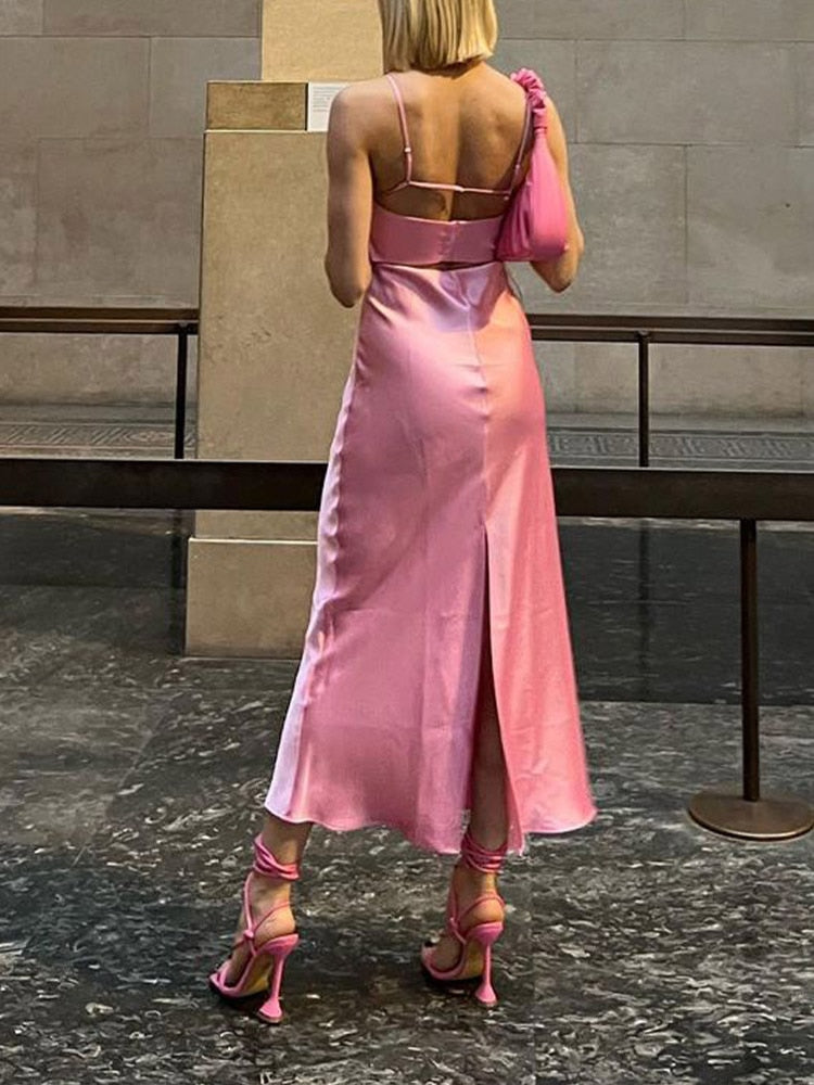 Pink Camis Long Dresses Women Satin Cut Out Sleeveless Slip Dress Female Backless Sexy Party Dresses Summer Slit Midi Dress