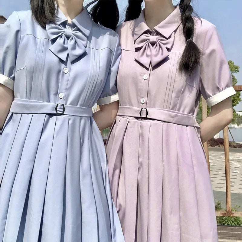 Harajuku Sailor Collar Navy Dress Japanese Lolita Sweet Bow-knot Girl Retro Cotton Kawaii Preppy Style Short Sleeve Dress Women