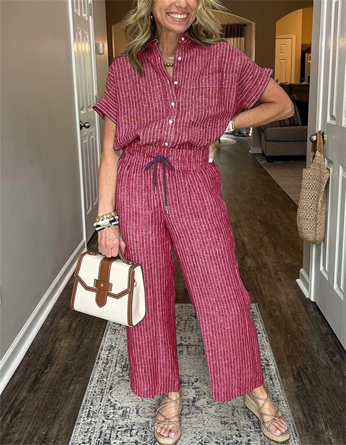 NEW💥 Classic striped linen cotton shirt set with pockets