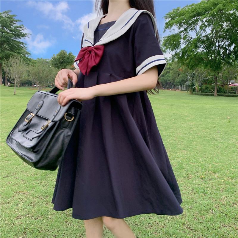 Harajuku Sailor Collar Navy Dress Japanese Lolita Sweet Bow-knot Girl Retro Cotton Kawaii Preppy Style Short Sleeve Dress Women